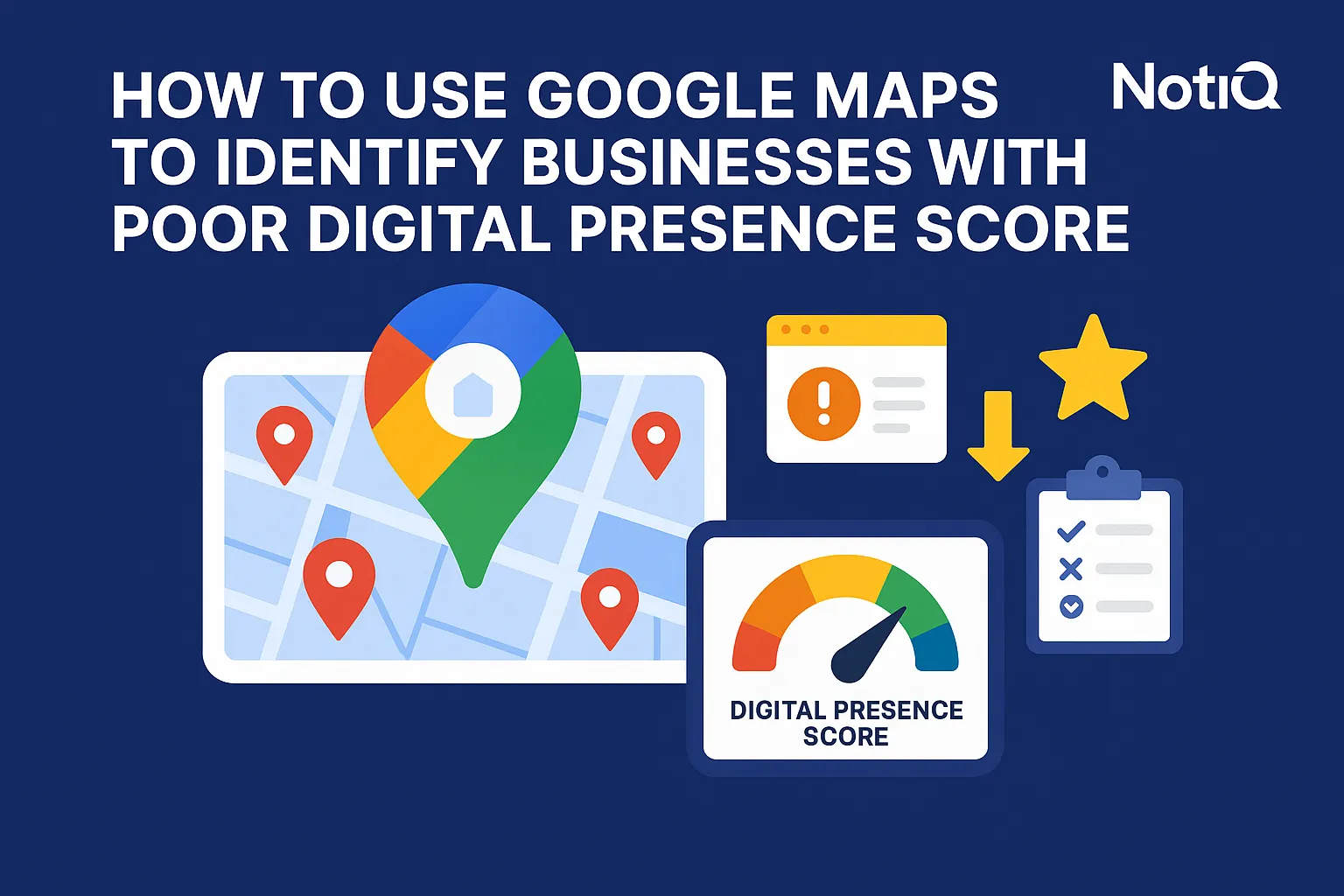 A screenshot of Google Maps highlighting local businesses with low digital presence scores and key GBP signals.