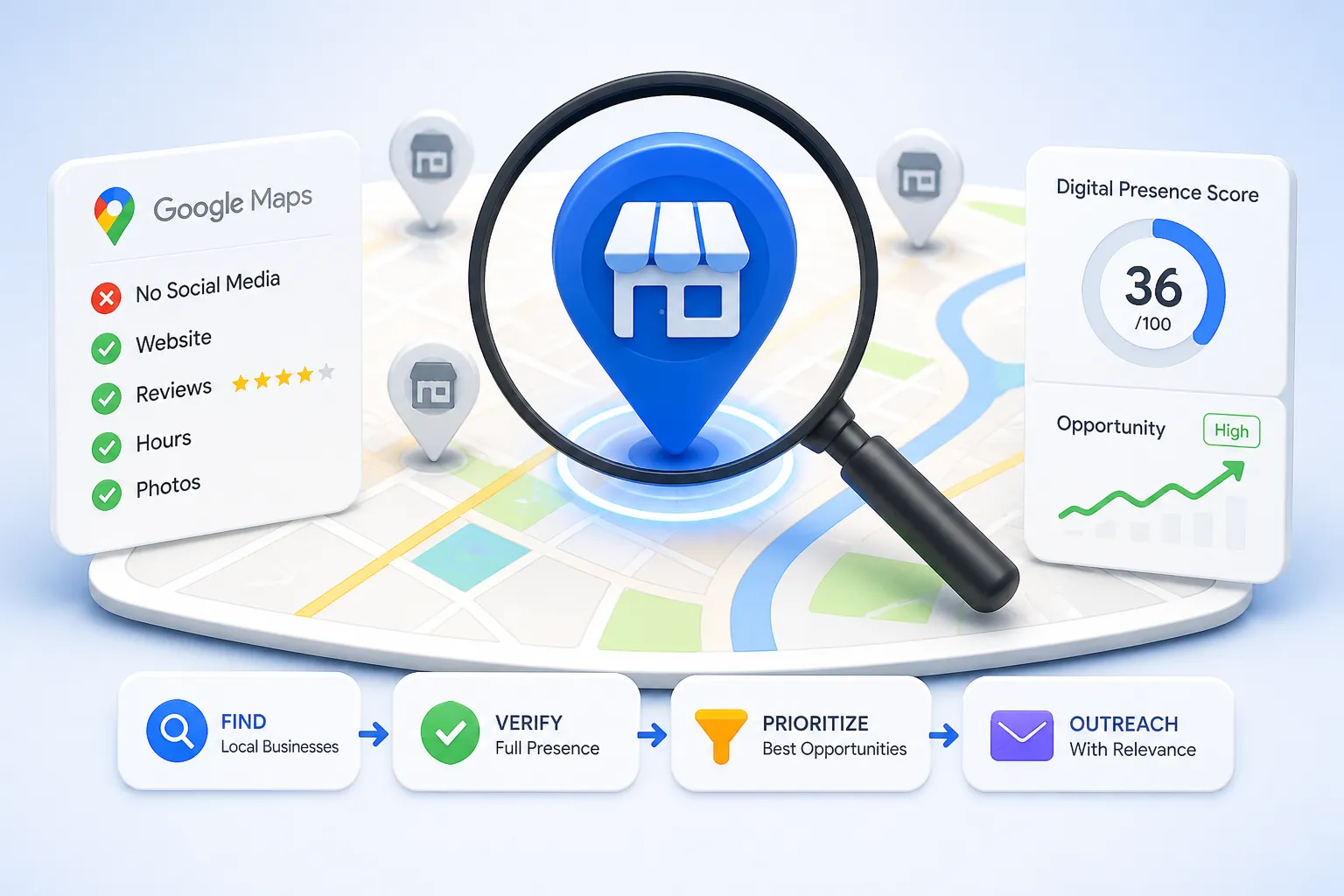 A digital map highlighting local businesses, showcasing a search for companies without social media presence.