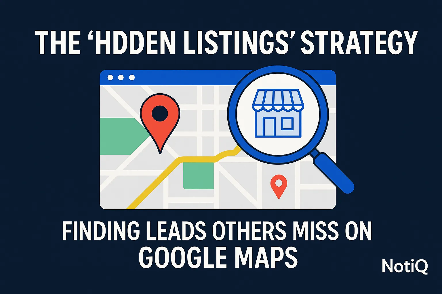 A magnifying glass over a Google Maps screen, highlighting overlooked local businesses for lead generation.