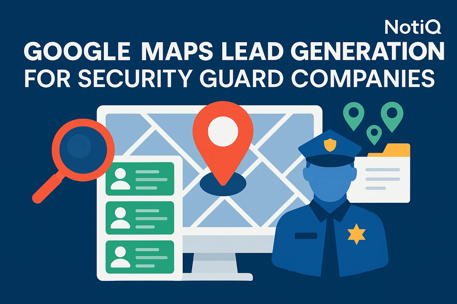 A security guard reviewing leads on Google Maps, using digital tools to enhance local business outreach and generate B2B conn