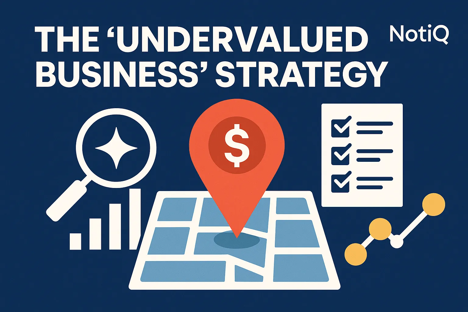 A digital map overlay highlighting undervalued local businesses with icons and data points for outreach strategy.